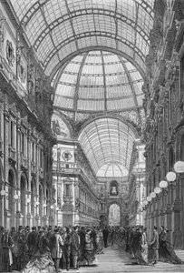 La galerie Victor Emmanuel à Milan en 1867. (Galleria Vittorio Emanuele). Gravure de 1867