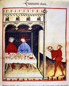 Les bienfaits du blé : un repas à base de pain. Enluminure du « Tacuinum sanitatis »
