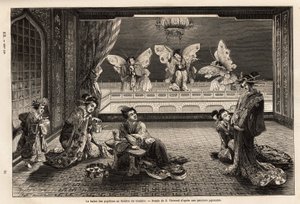 Le ballet des papillons au théâtre Gankiro, dans le quartier des plaisirs de Miyozaki à Yokohama. Gravure pour illustrer le voyage au Japon, par Aimé Humbert, ministre de la Confédération suisse, en 1863-1864, publié dans « le tour du monde », sous la dire - Unknown artist