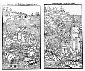 La prise de Rhodes par les Turcs en 1522. Les Turcs attaquent la forteresse de Saint-Nicolas. Xylographie. - Unknown artist