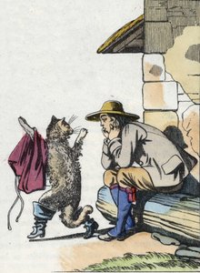 Le chat demande à son maître des vêtements et des bottes et promet de devenir riche bientôt. Illustration du conte de Charles Perrault "Le chat botté".