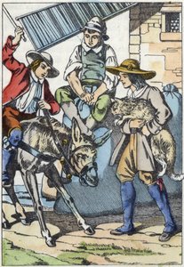 Les enfants du meunier, qui vient de mourir, se partagent ses biens : âne, moulin et chat. Illustration du conte "Le chat botté" de Charles Perrault. - Unknown artist