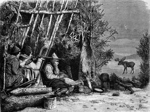 La vie quotidienne des trappeurs (chasseurs professionnels) au Canada : deux chasseurs de caribous. Gravure du 19e siècle