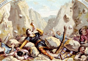 La mort du chevalier Roland, neveu de Charlemagne, à la bataille de Roncevaux, 778. Chromolithographie vers 1900.