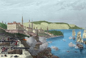 La défense de Québec par le comte Louis de Buade, comte de Frontenac (1622-1698) le 16/10/1690. Gravure coloriée dans « Histoire générale de la marine » par Van Tenac