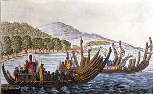 Le départ des Polynésiens pour le Pacifique à bord de pirogues à double coque. Lithographie du début du 19ème siècle