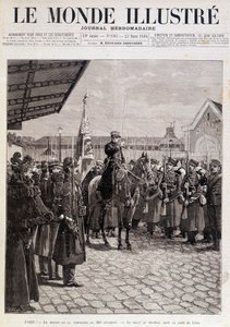 Le départ de la compagnie du 200e régiment. Salut au drapeau à la gare de Lyon. « Le Monde Illustré ». 23/03/1895. Dessin