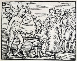 Le diable baptisant des hommes et des femmes en prière - gravure - Unknown artist