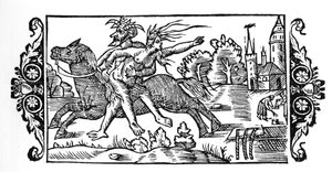 Le diable portant une sorcière - dans "Historia de Gentibus Septentrionalibus" par Olaus Magnus, Rome 1555
