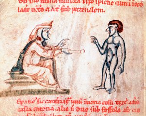 Le médecin brûle le patient sur des zones douloureuses avec des fers chauds Miniature du manuscrit "De Medicina cauteriorum secundum Brunum, Rugerium et Rolthe" XIIIe siècle Paris, B.N.