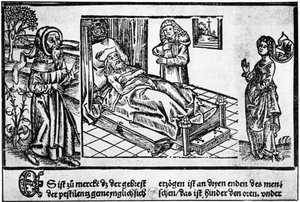 Le médecin au chevet du pestiféré, gravure sur bois du « Liber pestilentialis » par Jérôme Brunschwig, Strasbourg