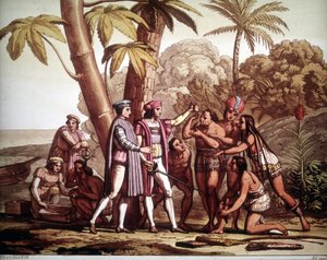 Les premiers Indiens apparus à Christophe Colomb à son arrivée en Amérique, - dans « Le costume ancien et moderne » de Jules Ferrario - Unknown artist