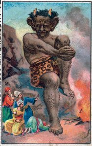 Le géant. Les merveilleuses aventures de Sinbad le marin. Conte populaire des mille et une nuits. Chromolithographie de la fin du XIXe siècle.