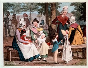 La bonté : scène avec des enfants et leurs nourrices dans un parc (gravure)