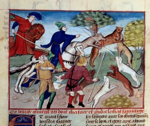 La chasse au chat sauvage Miniature tirée du "Livre de la chasse" de Gaston III Phoebus, Comte de Foix, Seigneur de Béarn (1331-1391)
