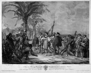 Le débarquement de Christophe Colomb à San Salvador (Bahamas) le 12/10/1492. Gravure du XIXe siècle - Unknown artist