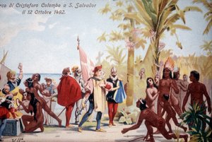 Le débarquement de Christophe Colomb à San Salvador (Bahamas) le 12/10/1492. Chromolithographie du XIXe siècle - Unknown artist