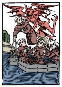 La légende de Saint Brendan (Brandan), héros et saint irlandais du VIe siècle. Le diable emporte le moine voleur. Gravure de « Die Wunderbare Meerfahrt des Hl. Brandan » Bâle - Unknown artist