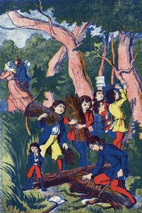 Les bûcherons abandonnent leurs enfants. Illustration pour « Le Petit Poucet », conte de Charles Perrault (1628-1703), écrivain français. Illustration anonyme. Imagerie Marcel Vagne, Jarville Nancy, fin du XIXe siècle. - Unknown artist