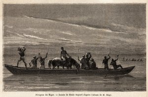 Les longues pirogues des Bambaras sur le fleuve Niger, manœuvrées avec de longues perches, peuvent transporter plusieurs personnes et même du bétail ou des chevaux. Gravure pour illustrer le voyage au Soudan occidental du lieutenant (Marine) M. Mage, en 18