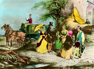 Le seigneur et son fermier. Le maître du domaine rend visite aux paysans. Gravure du XIXe siècle