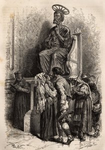 Le pied inférieur de la statue en bronze de Saint Pierre, objet de vénération pour les pèlerins catholiques entrant dans la basilique Saint-Pierre du Vatican. Gravure pour illustrer l