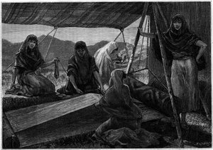 La fabrication de tapis par des femmes nomades de Perse. Gravure dans le journal « La jeunesse ».