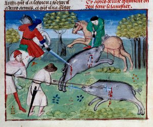 Chasse au sanglier miniature du "Livre de la chasse" de Gaston III Phoebus, Comte de Foix, Seigneur de Béarn (1331-1391) - Unknown artist