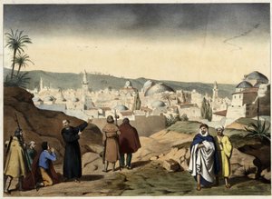 Les pèlerins arrivent à la ville de Jérusalem. Gravure anonyme du milieu du 19ème siècle - dans "Grand Catéchisme des Familles" - Unknown artist