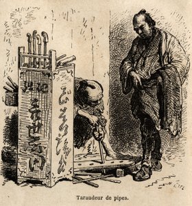 La machine à taper les pipes dans son atelier, il utilise une simple planche percée de trous de tailles inégales, fixée en spirale de fer. Gravure pour illustrer le voyage au Japon, par Aimé Humbert, ministre de la Confédération suisse, en 1863-1864