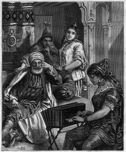 La population de Tunisie au XIXe siècle - Soirée du samedi dans une famille juive à Tunis - gravure de Castelli dans « journal des voyages » 1884