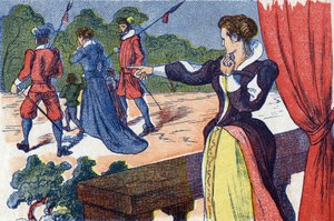 La reine mère fait enfermer la reine et ses enfants. Illustration anonyme pour « La Belle au bois dormant », conte de Charles Perrault (1628-1703), écrivain français. Imagerie Marcel Vagne, Jarville Nancy, fin du XIXe siècle.