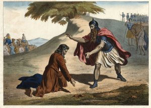 Le retour de Jacob et sa rencontre avec Ésaü - Jacob retourne en terre de Canaan avec ses femmes et ses enfants : il rencontre son frère Ésaü. Gravure de la moitié du XIXe siècle - Unknown artist