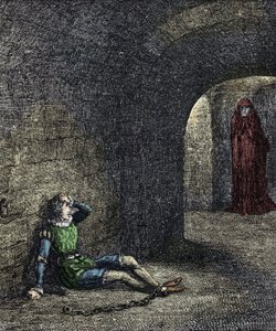 Le spectre de la tour. Le prisonnier enchaîné dans un cachot voit un fantôme devant lui. Illustration pour « La tour de Londres » par William Harrison Ainsworth XIXe siècle - Unknown artist