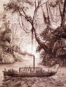 Le bateau à vapeur de John Fitch, inventeur américain, sur la rivière Delaware vers 1791