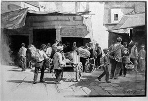 Les vendeurs ambulants et la promenade du quartier de Vuccirla à Palerme, Sicile. Gravure du XIXe siècle