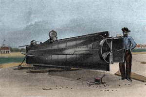 Le sous-marin CSS H. L. Hunley utilisé par la marine des États confédérés pendant la guerre de Sécession. 1861-1865 Gravure du XIXe siècle