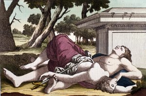 Le suicide de Pyrame sous le mûrier et la mort de Thisbé. Convaincu que la lionne avait dévoré Thisbé, Pyrame se donna la mort et couvrit les mûres blanches de son sang. Thisbé, se cachant pour échapper à la lionne, trouve son amour mort et se suicide