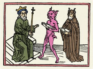 Le procès de Belial : « Le démon Belial présente ses lettres de créance au juge Salomon » Gravure du « Procès de Belial » par Jacobus de Teramo (ou Palladino), Augsbourg