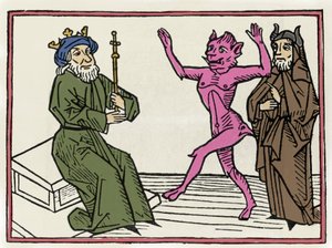 Le procès de Belial : « Le démon Belial danse devant le juge Salomon » Gravure de « Le procès de Belial » par Jacobus de Teramo (ou Palladino), Ausburg