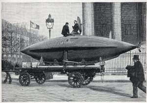 Le bateau sous-marin « Le Goubet », transporté pour des expériences, passe place de la Madeleine à Paris. Gravure dans « La Nature »