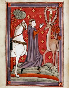 La vision de Saint Eustache. Saint Eustache face à un cerf portant une image du Christ crucifié entre ses bois. Miniature tirée d
