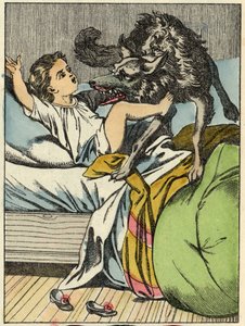 Le loup bat le Petit Chaperon Rouge. Illustration du conte « Le Petit Chaperon Rouge » de Charles Perrault