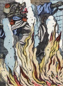 Le loup tombe dans le feu de la cheminée. Illustration du conte "Compère le Loup, Maître Renard, Commère la Chèvre et ses petits biquets" d