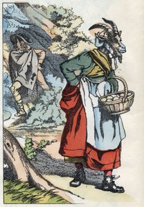 Le loup cherche la chèvre quittant sa maison. Illustration du conte "Compère le Loup, Maître Renard, Commère la Chèvre et ses petits biquets" d