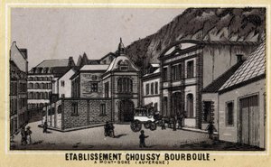 Établissements thermaux de Choussy à La Bourboule dans le massif des Monts Dore, dans le département du Puy-de-Dôme en Auvergne. Chromolithographie de la fin du 19ème siècle