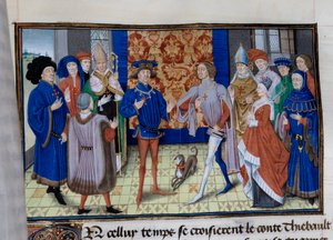 Thibaut III de Champagne (1179-1201), Louis (mort en 1205), Comte de Blois et de Chartres, et Baudouin IX de Flandre (ou Baudouin VI de Hainaut), connu sous le nom de Baudouin Ier de Constantinople (1171-1206), se rencontrent. Miniature dans "Chronique du 