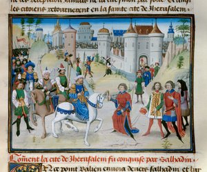 Troisième croisade : la capture de Jérusalem par le sultan Saladin (1138-1193) en 1187. Miniature de la « Chronique abrégée » de David Aubert