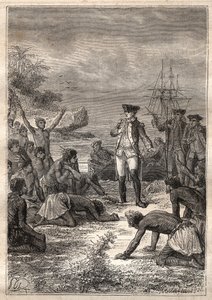 Troisième voyage (1776-1779) du capitaine James Cook (1728-1779) : Cook est accueilli par les indigènes (Hawaï) - illustration tirée de "Les grands marins du XVIIIe siècle"