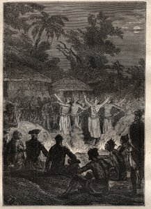 Troisième voyage (1776-1779) du capitaine James Cook (1728-1779) : une fête sur les îles des Amis (royaume des Tonga, Polynésie) - illustration tirée de « Les Grands Navigateurs du XVIIIe siècle »